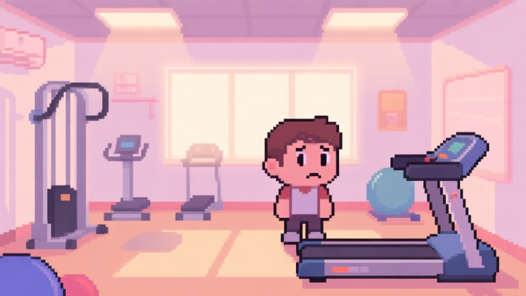 自动生成图片: A welcoming, softly lit pixel-art gym interior with simple equipment, a character looking slightly confused at a treadmill, pastel color palette, cozy game scene high quality illustration, detailed, 16:9