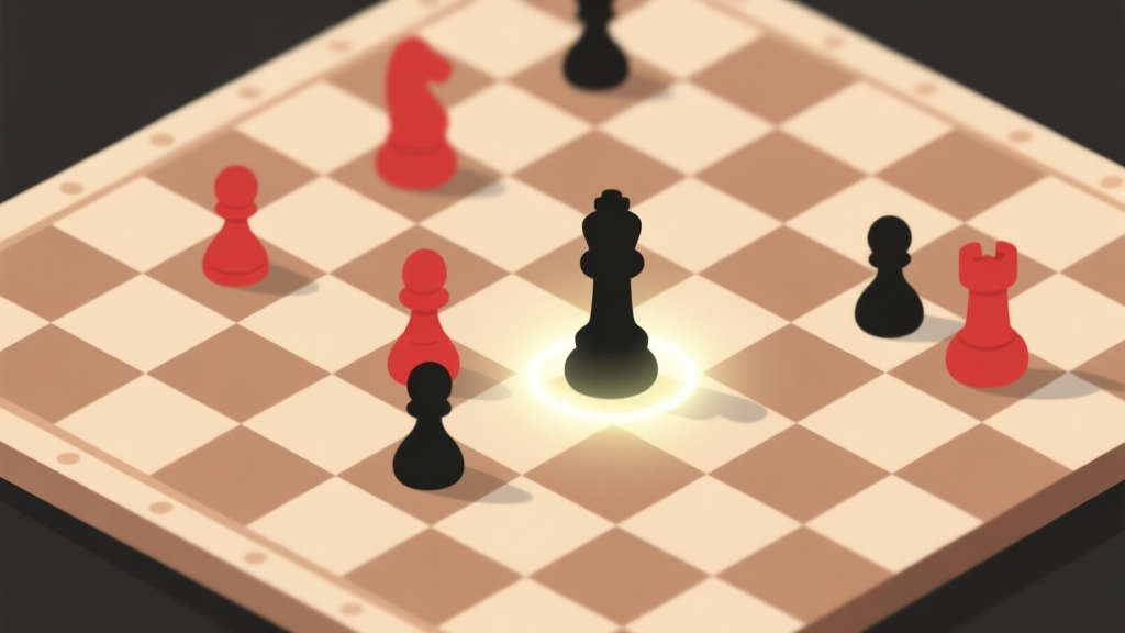 A minimalist, top-down view of a checkers board mid-game, with soft beige and brown squares. A few red and black pieces are strategically positioned, with a subtle glowing highlight around one piece that is about to make a crucial jump, flat design style high quality illustration, detailed, 16:9