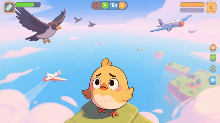 自动生成图片: A cute, small bird character looking confused in the vast sky of a .io game, with larger predator birds and planes in the distance, soft pastel colors, top-down perspective high quality illustration, detailed, 16:9