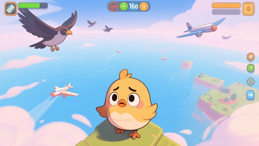 A cute, small bird character looking confused in the vast sky of a .io game, with larger predator birds and planes in the distance, soft pastel colors, top-down perspective high quality illustration, detailed, 16:9