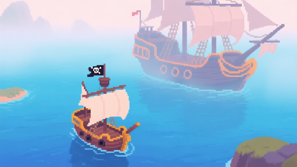 A serene, top-down view of a small pirate ship on calm blue pixel-art waters, with a larger intimidating ship faintly visible in the misty distance, soft pastel color palette high quality illustration, detailed, 16:9