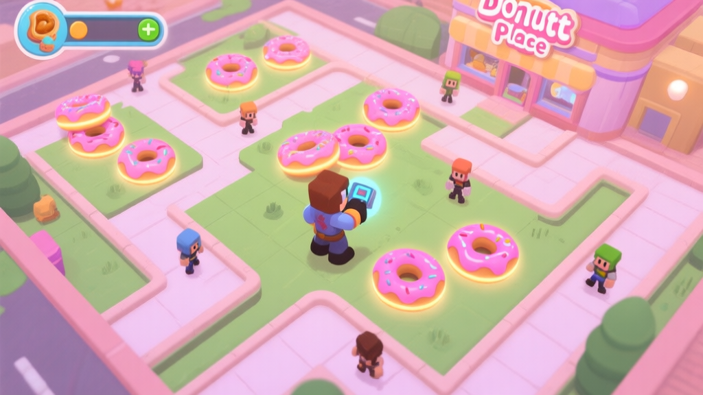 Top-down view of a vibrant Donut Place game map, showing clusters of glowing donuts in certain areas, a large player character controlling a zone, and smaller players navigating narrow paths, in a soft pastel color scheme high quality illustration, detailed, 16:9