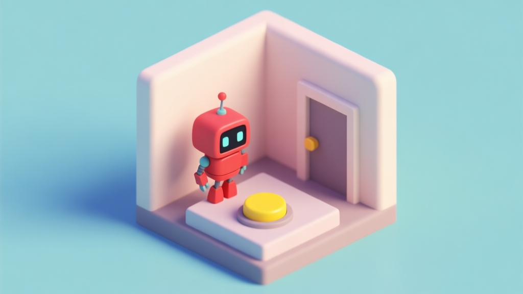 Isometric 3D view of a simple puzzle diorama with a small red robot character standing on a platform, a yellow button, and an exit door, soft pastel colors, clean lines, minimalist game art style high quality illustration, detailed, 16:9