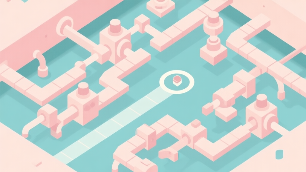 A minimalist, top-down view of a complex Cleanscape Masters puzzle level in soft pastel colors, showing multiple interconnected mechanisms and a clear path to the goal, flat design style high quality illustration, detailed, 16:9