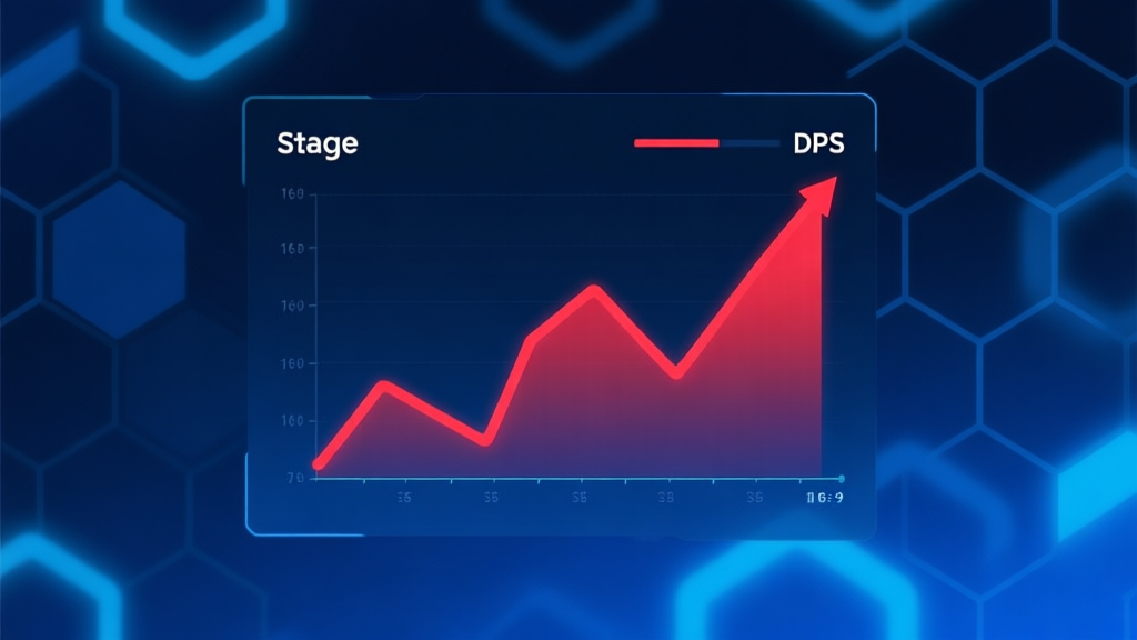A minimalist game UI dashboard showing a sharply rising red DPS curve graph against a flat stage progression line, set on a dark blue abstract background with hexagonal grid patterns, soft glowing effects high quality illustration, detailed, 16:9