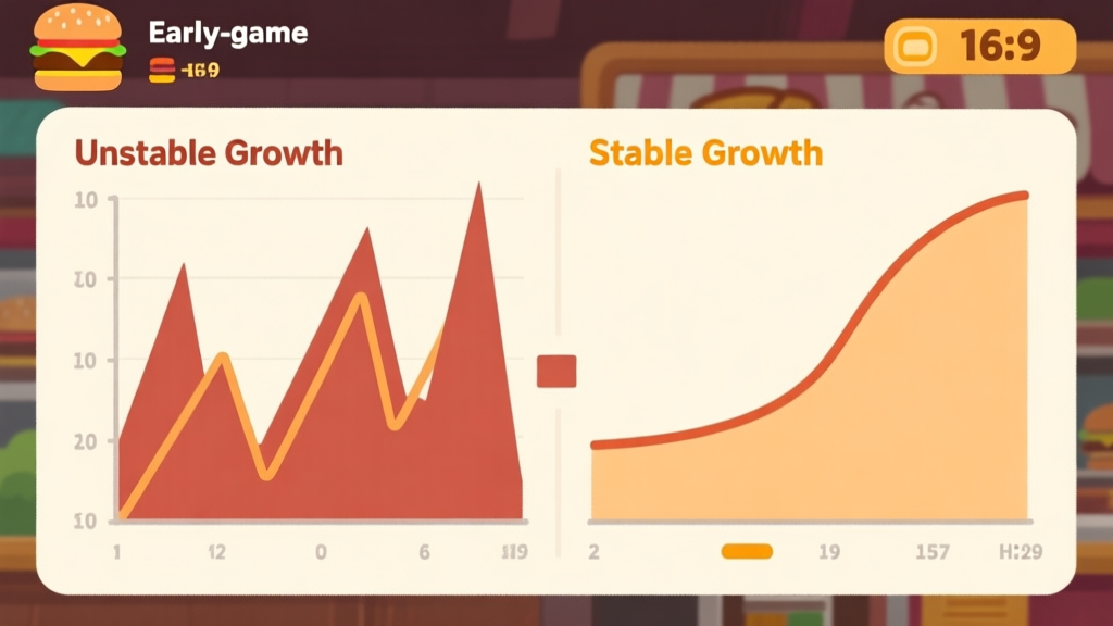 A side-by-side comparison graph in flat design style, showing two lines: one "Unstable Growth" with sharp peaks and long valleys, and one "Stable Growth" with a smooth upward curve, representing different early-game strategies in a burger shop game high quality illustration, detailed, 16:9