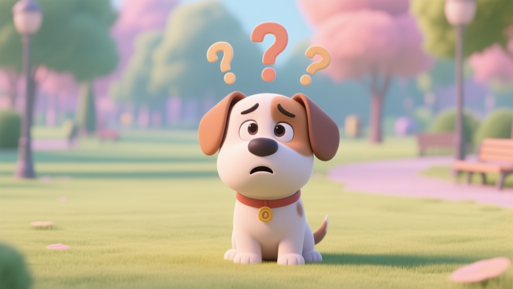 A 3D cartoon dog looking confused in the middle of a vibrant but empty park, with question marks floating above its head, soft pastel color palette high quality illustration, detailed, 16:9