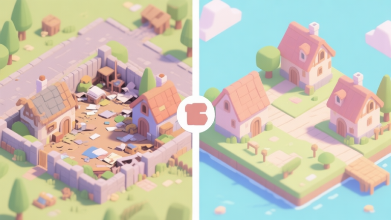 自动生成图片: A side-by-side comparison of a messy, inefficient village layout versus a clean, organized one in a charming isometric game art style, soft pastel colors, daytime high quality illustration, detailed, 16:9
