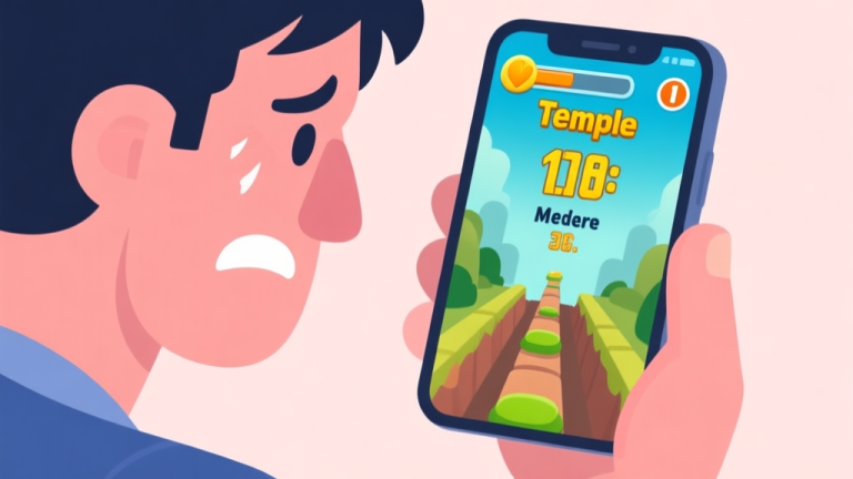 自动生成图片: A frustrated player looking at a smartphone screen showing a Temple Run game over screen with a mediocre score, in a soft pastel color palette, flat illustration style high quality illustration, detailed, 16:9