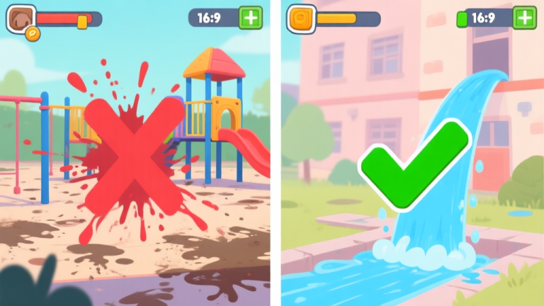 自动生成图片: Split-screen illustration of a dirty playground in a casual game style. Left side shows chaotic spraying with red 'X'. Right side shows systematic top-to-bottom cleaning with green checkmark, using blue water streams. Soft pastel color palette. high quality illustration, detailed, 16:9