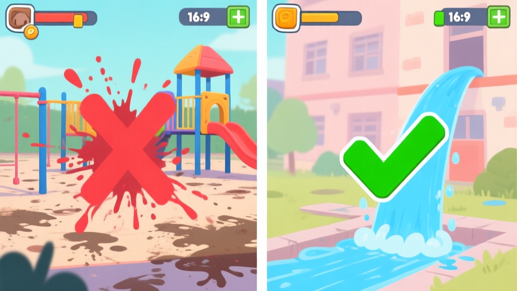 Split-screen illustration of a dirty playground in a casual game style. Left side shows chaotic spraying with red 'X'. Right side shows systematic top-to-bottom cleaning with green checkmark, using blue water streams. Soft pastel color palette. high quality illustration, detailed, 16:9