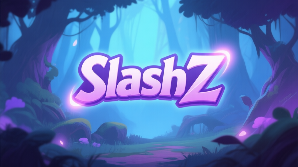 A stylized, inviting game title screen for "SlashZ" with soft glowing effects, set against a mysterious fantasy forest backdrop, using a soft color palette of blues and purples high quality illustration, detailed, 16:9
