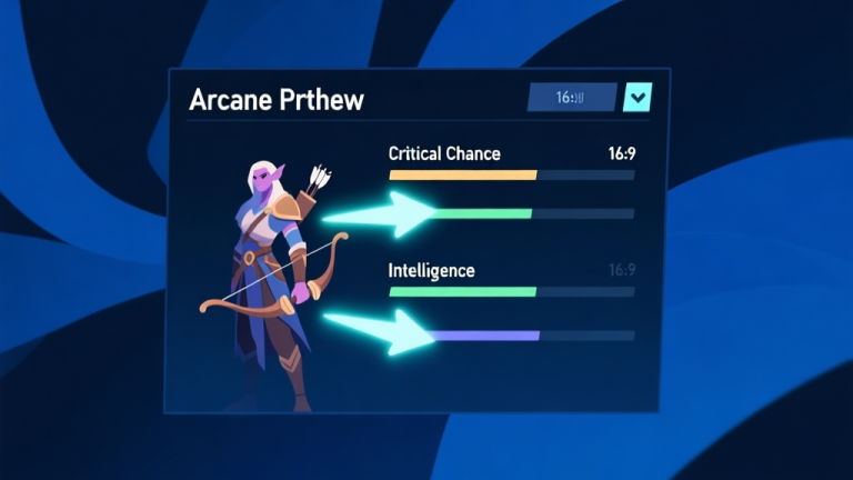 自动生成图片: A minimalist game UI panel showing an Arcane Archer character stat sheet, highlighting Critical Chance and Intelligence attributes, with soft glowing arrows pointing to them, on a dark blue abstract background high quality illustration, detailed, 16:9