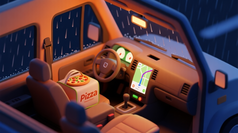 自动生成图片: A cozy, isometric view of a pizza delivery car interior at night, dashboard glowing softly with a GPS map, a thermal pizza bag on the passenger seat, and rain streaks on the windshield. Warm, muted colors of orange and dark blue. high quality illustration, detailed, 16:9
