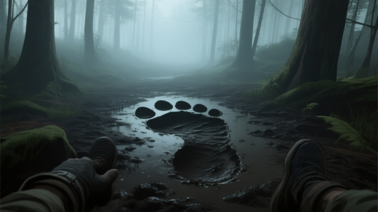 自动生成图片: A first-person perspective view of a large, mysterious three-toed footprint in dark mud within a dense, misty forest, soft lighting, atmospheric, survival game style high quality illustration, detailed, 16:9