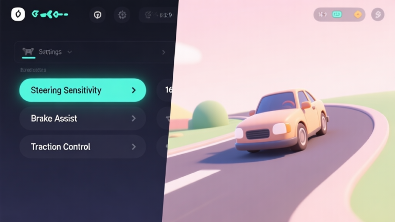 自动生成图片: A split-screen image showing a game settings menu on one side with "Steering Sensitivity", "Brake Assist", and "Traction Control" options highlighted, and on the other side, a simple in-game shot of a cartoonish car taking a sharp turn, soft pastel colors, clean UI high quality illustration, detailed, 16:9