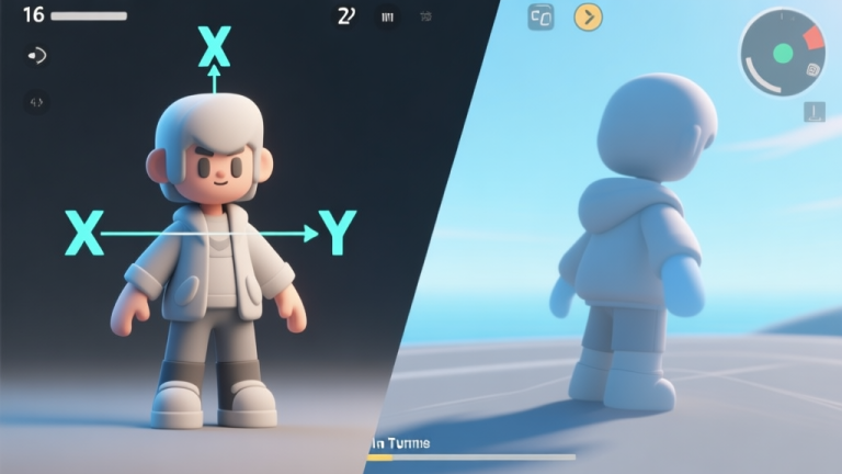 自动生成图片: A split-screen illustration showing a 3D game character model with visible X, Y, and Z axis arrows, contrasted with a smooth in-game turn animation, in a soft color palette of blues and grays high quality illustration, detailed, 16:9