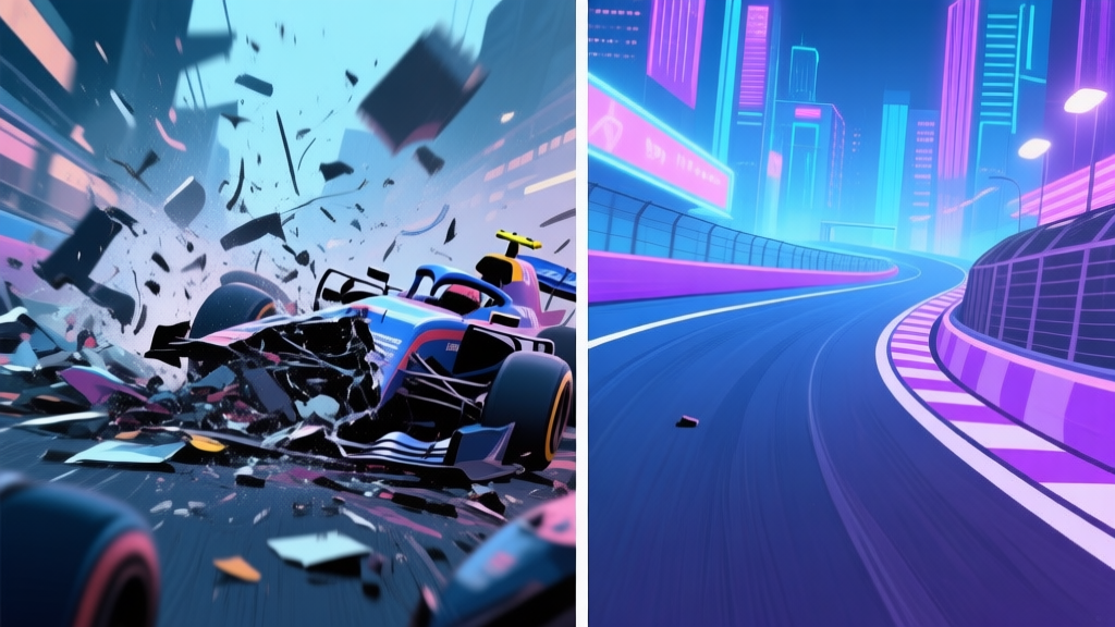 A split-screen image showing a chaotic race crash on one side (blurry, messy) and a smooth, perfect racing line on a neon-lit city track on the other, soft color palette with blues and purples high quality illustration, detailed, 16:9