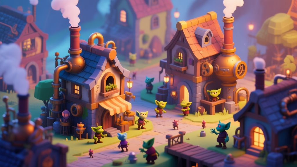 A vibrant, isometric view of a bustling Goblin steampunk settlement, with mismatched buildings, smokestacks, and tiny goblins scurrying around, soft fantasy lighting, detailed but not photorealistic high quality illustration, detailed, 16:9