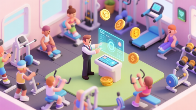 自动生成图片: A vibrant, isometric view of a bustling virtual gym interior in a game, with diverse cartoon clients using various equipment, a manager avatar checking a holographic dashboard, and coins/XP floating in the air, soft pastel color scheme high quality illustration, detailed, 16:9