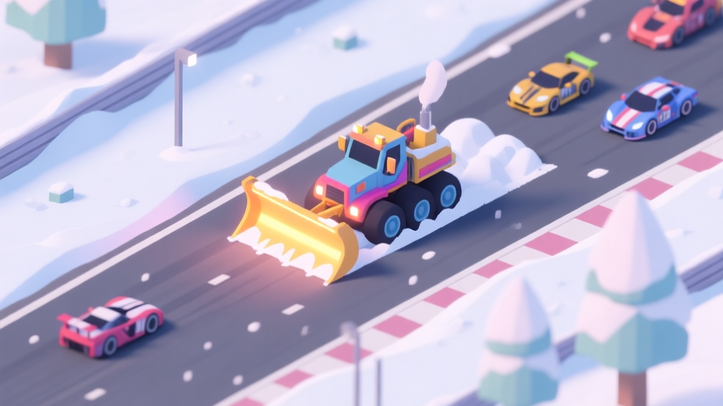 A stylized, top-down view of a snowy racetrack in a video game, showing a vibrant snow plow vehicle with a large glowing plow blade clearing a path, with other smaller racing cars following closely behind, soft pastel colors, isometric perspective high quality illustration, detailed, 16:9