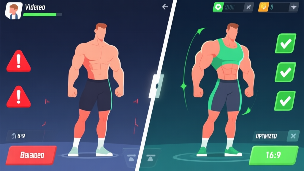 Split-screen illustration showing two contrasting athlete builds in a video game UI, one poorly balanced with red warning icons, one perfectly optimized with green checkmarks, clean and modern game HUD style high quality illustration, detailed, 16:9