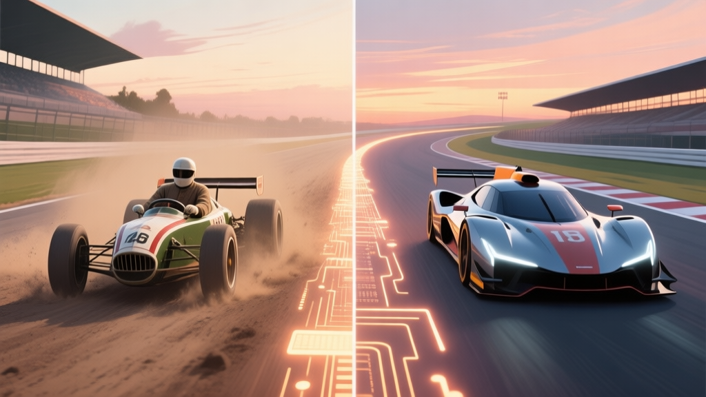 Split-screen illustration showing a racer from the past season on a dusty track on the left, and a modern racer on a sleek, updated version of the same track on the right, connected by a glowing path of data and racing lines, soft sunset color palette high quality illustration, detailed, 16:9