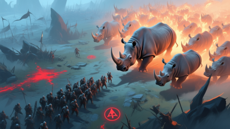 自动生成图片: A top-down view of a chaotic fantasy battlefield, showing a tight player formation being approached by a massive, glowing stampede of rhino-like creatures from one side, with clear visual indicators like red ground effects and threat icons, in a soft color palette with muted blues and oranges high quality illustration, detailed, 16:9
