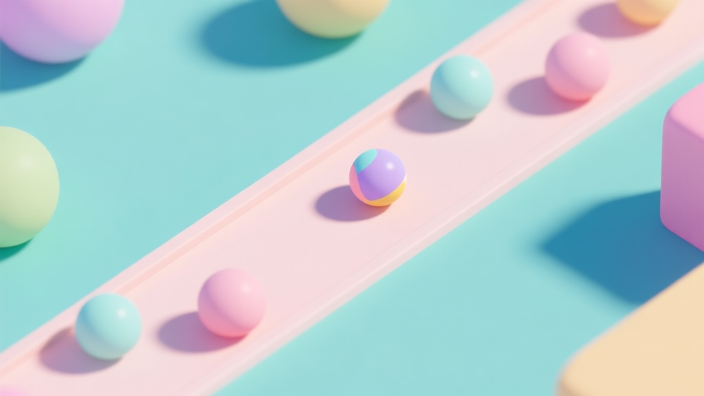 A minimalist, top-down view of a colorful Sweet Ball Sprint game level, showing a ball on a path with gentle pastel-colored obstacles, soft shadows, clean lines high quality illustration, detailed, 16:9