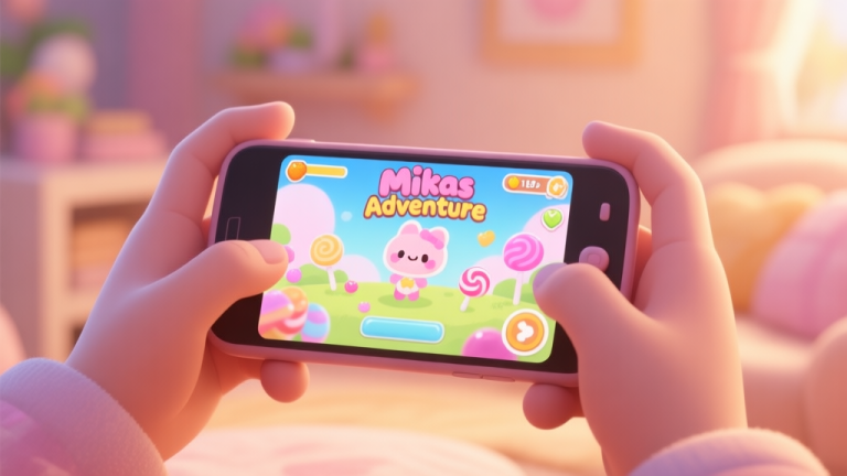 自动生成图片: A cozy, inviting game scene showing a smartphone held in hands, with the vibrant and cute Mikas Candy Adventure gameplay visible on screen, soft pastel colors, warm lighting high quality illustration, detailed, 16:9