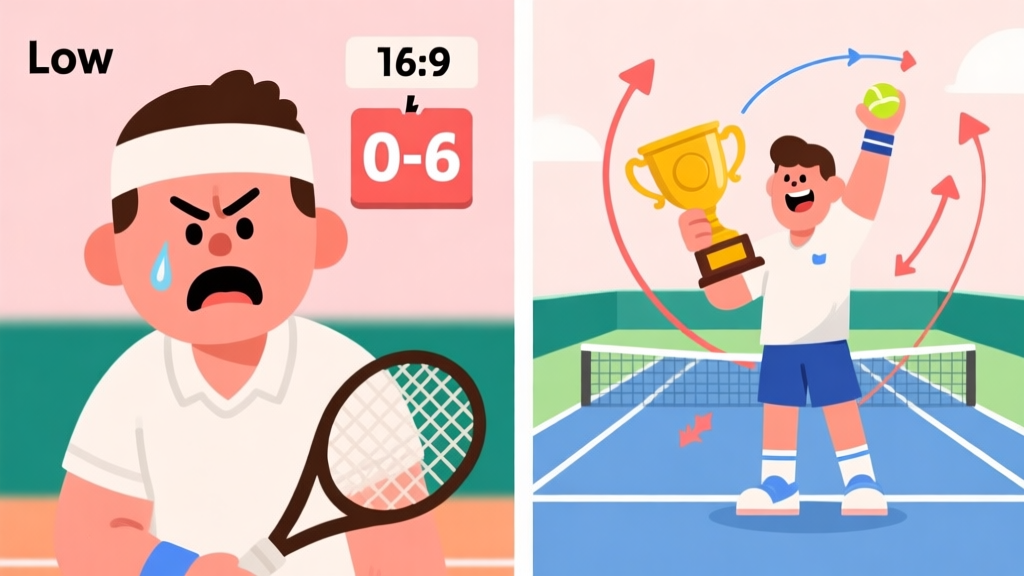 A split-screen image showing a frustrated tennis game character on the left with a low score (0-6), and a confident, victorious character on the right holding a trophy, with a visual overlay of strategic arrows and shot trajectories on the court, soft pastel color scheme high quality illustration, detailed, 16:9