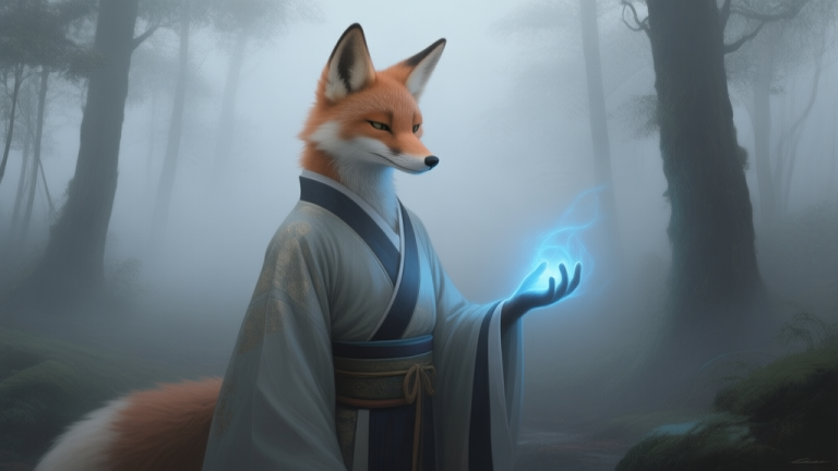 自动生成图片: A mysterious anthropomorphic fox character in a misty forest, wearing elegant traditional robes, one hand glowing with soft blue energy, semi-realistic painting style with muted colors and fog effects high quality illustration, detailed, 16:9