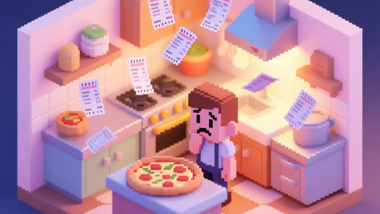 自动生成图片: A cozy, isometric view of a pixel-art pizza kitchen in soft pastel colors, with multiple order tickets floating in the air, a character looking slightly overwhelmed, warm lighting high quality illustration, detailed, 16:9