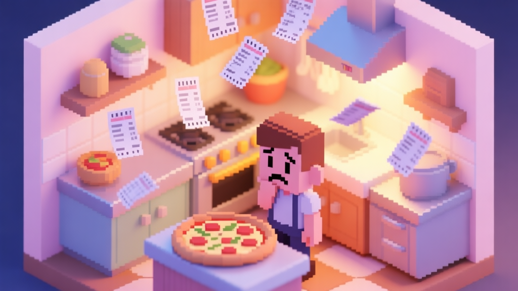 A cozy, isometric view of a pixel-art pizza kitchen in soft pastel colors, with multiple order tickets floating in the air, a character looking slightly overwhelmed, warm lighting high quality illustration, detailed, 16:9