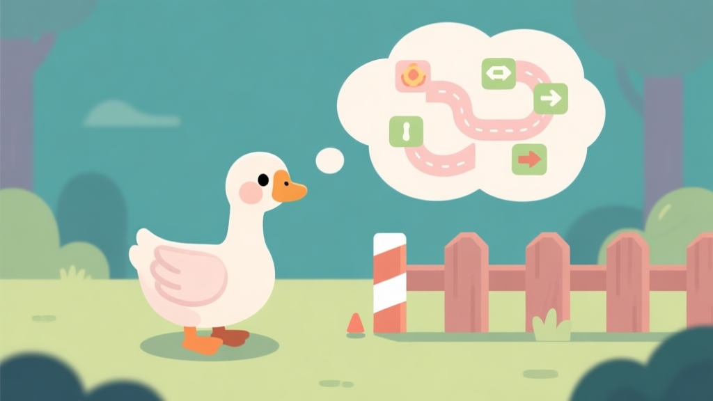A cute, determined-looking goose in a simple game environment, facing a small obstacle like a fence, with a thought bubble showing multiple path options, soft pastel colors, flat illustration style high quality illustration, detailed, 16:9