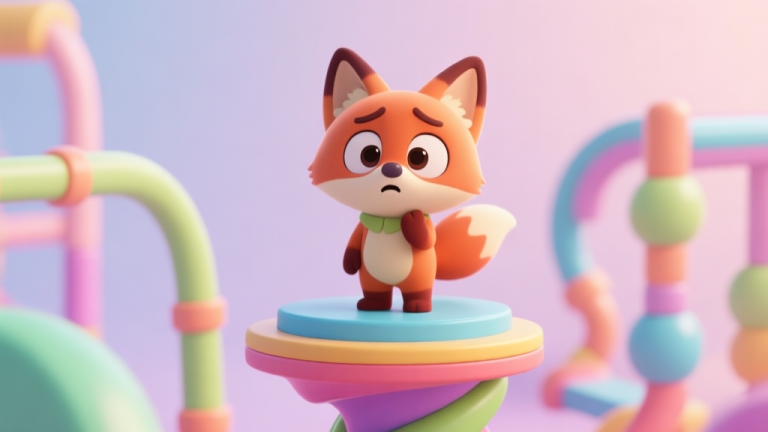 自动生成图片: A cute 3D animal character (like a fox or cat) hesitating on a colorful, wobbly platform in a vibrant obstacle course, soft pastel colors, cartoon style, looking confused high quality illustration, detailed, 16:9