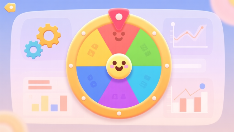 自动生成图片: A stylized, friendly game interface showing a spinning wheel with six distinct color-coded categories, with subtle data icons like gears and graphs overlayed in the background, soft pastel color palette high quality illustration, detailed, 16:9