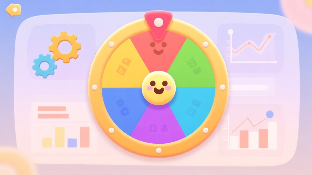 A stylized, friendly game interface showing a spinning wheel with six distinct color-coded categories, with subtle data icons like gears and graphs overlayed in the background, soft pastel color palette high quality illustration, detailed, 16:9