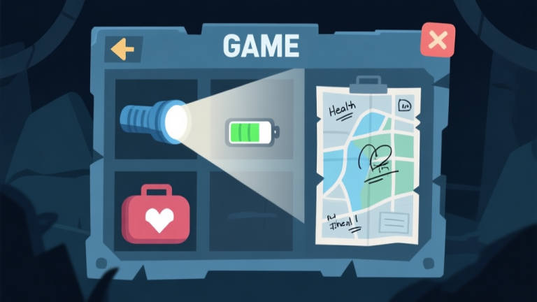 自动生成图片: A dimly lit game inventory screen showing a flashlight with low battery, a health kit, and a map with scribbled notes, soft blue and grey color scheme, flat design style high quality illustration, detailed, 16:9