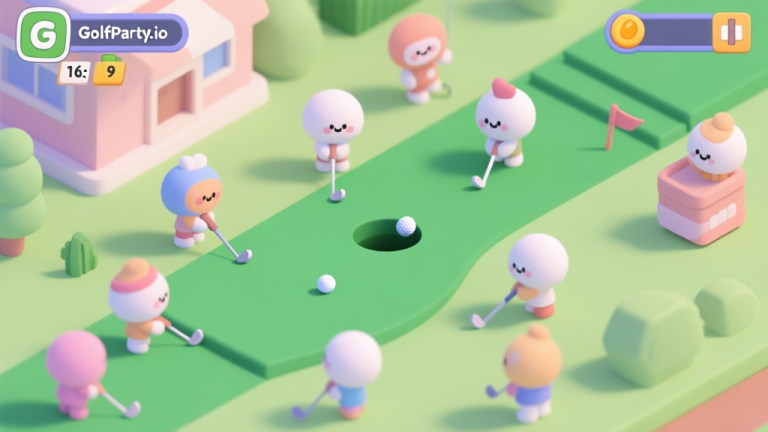 自动生成图片: A playful, isometric view of a GolfParty.io game scene with multiple cute avatars putting on a green, one ball rolling towards the hole, soft pastel colors, clean vector style high quality illustration, detailed, 16:9