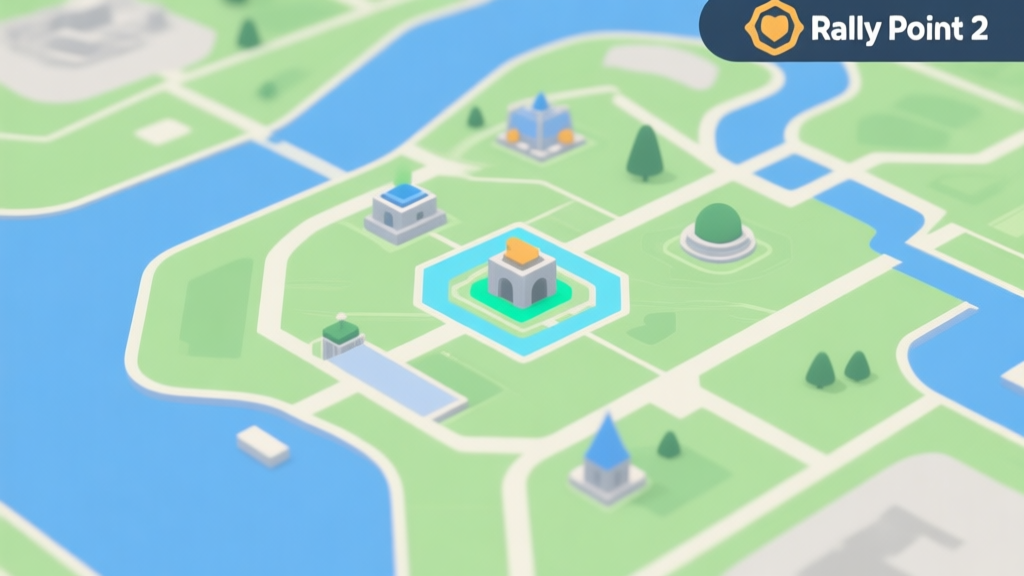 A minimalist, top-down view of a Rally Point 2 game map with key starting structures highlighted, soft green and blue color scheme, clean lines high quality illustration, detailed, 16:9