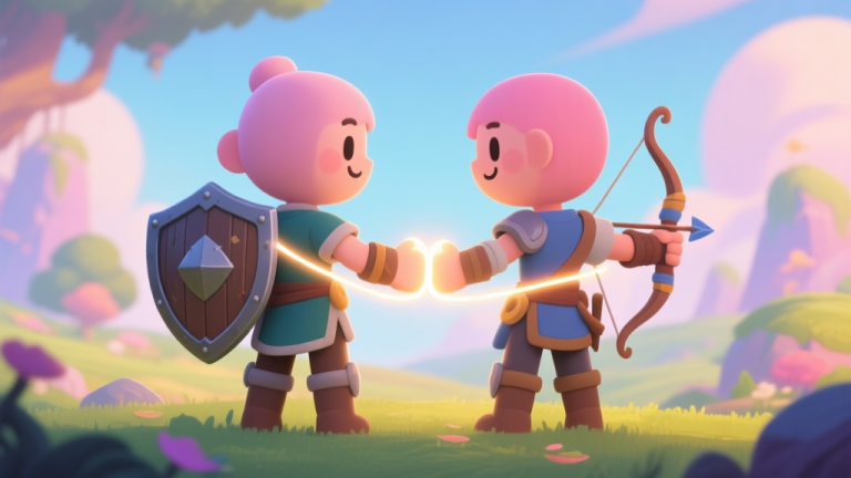 自动生成图片: Two stylized, gender-neutral game characters back-to-back, one holding a shield and the other a bow, in a vibrant but soft-colored fantasy landscape. They are connected by a glowing, pulsing line, symbolizing cooperation. Cartoonish, friendly art style. high quality illustration, detailed, 16:9