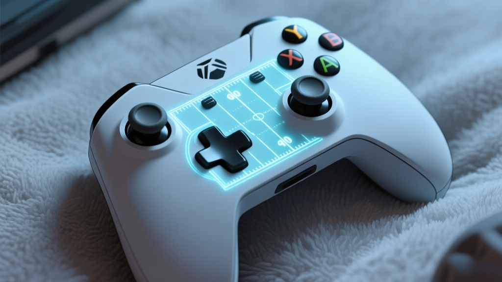 A top-down view of a gaming controller on a soft, textured surface, with a faint, glowing tactical football field overlay projected onto it, muted blue and grey color scheme high quality illustration, detailed, 16:9