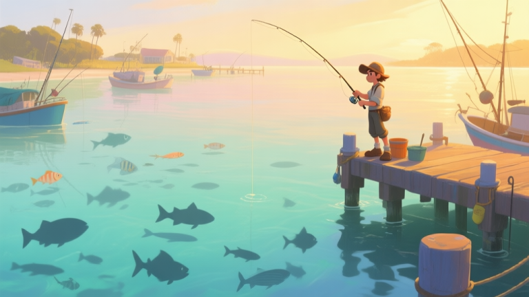 自动生成图片: A serene digital painting of a diverse fishing spot in Fishing World, showing a character fishing at a pier during golden hour, with various fish shadows in the clear water, soft pastel color palette high quality illustration, detailed, 16:9
