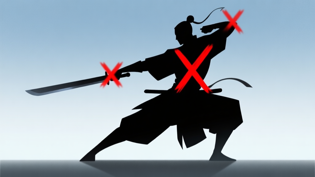 A stylized silhouette of a swordmaster character mid-action, with red "X" marks highlighting common mistake points like posture, timing, and positioning, on a soft gradient background in muted blues and greys high quality illustration, detailed, 16:9