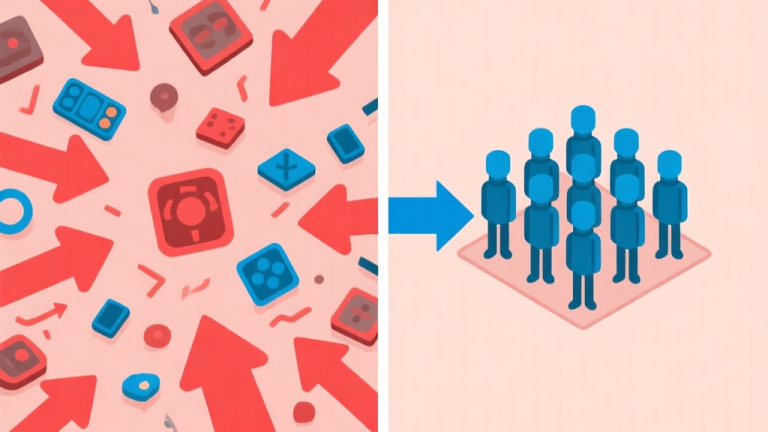 自动生成图片: Split-screen illustration showing chaos on one side (scattered game units, red arrows pointing everywhere) and order on the other (units neatly grouped at a strategic rally point, blue arrow pointing towards an objective), soft color palette with muted reds and blues, flat design style high quality illustration, detailed, 16:9