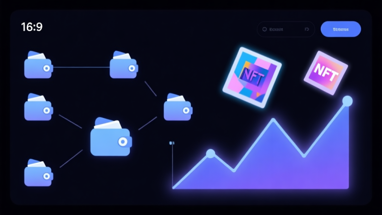 自动生成图片: A clean, minimalist digital dashboard on a dark background, showing multiple connected wallet icons, rising graph lines, and floating NFT art pieces in a cohesive layout, soft blue and purple glow high quality illustration, detailed, 16:9