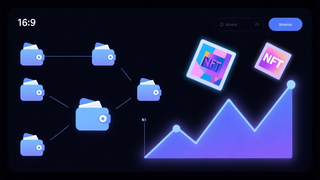 A clean, minimalist digital dashboard on a dark background, showing multiple connected wallet icons, rising graph lines, and floating NFT art pieces in a cohesive layout, soft blue and purple glow high quality illustration, detailed, 16:9