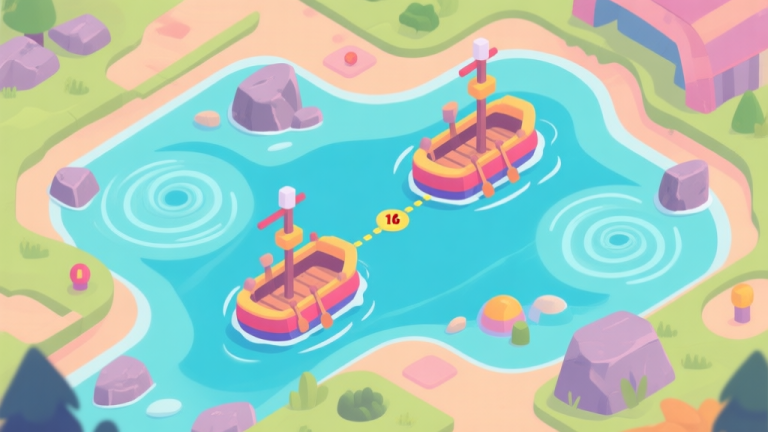 自动生成图片: Top-down view of a colorful Raft Wars multiplayer map with two opposing rafts, showing key distance markers and environmental obstacles like rocks and whirlpools, in a flat cartoon style with soft pastel colors high quality illustration, detailed, 16:9