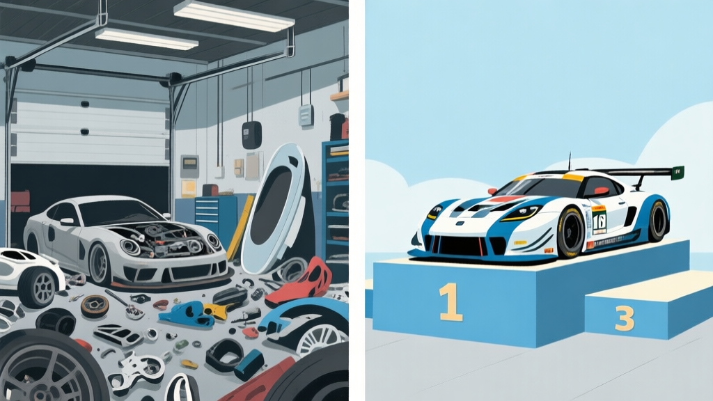 Split-screen illustration showing a chaotic garage with mismatched car parts on one side, and a clean, optimized racing car on a podium on the other side, using a soft color palette of blues and greys high quality illustration, detailed, 16:9